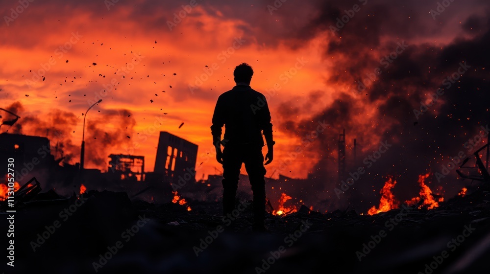 Obraz premium A low angle shot of a lone survivor standing amidst a desolate urban wasteland, their silhouette framed by collapsing buildings and flickering fires in the background, a somber twilight sky casting lo