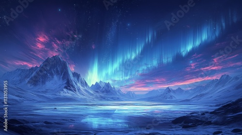 A vast icy tundra under the bright northern lights, with distant mountains reflecting this radiance