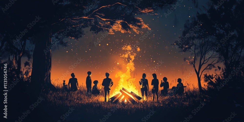 Fototapeta premium Silhouetted Group Enjoying a Campfire in a Forest at Night with Glowing Flames and Starry Sky