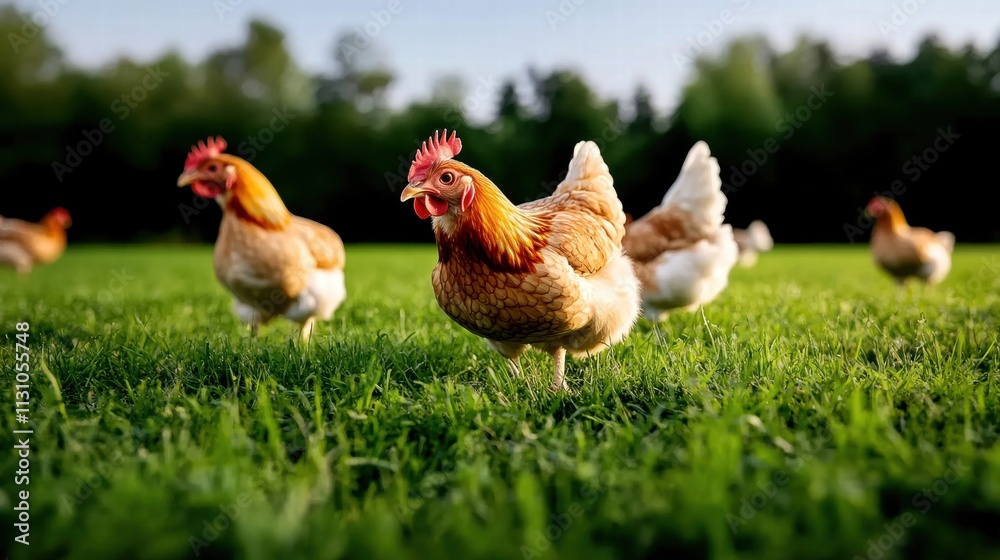 Fototapeta premium Chickens roaming freely on a lush green field, bright sunlight illuminating fur.