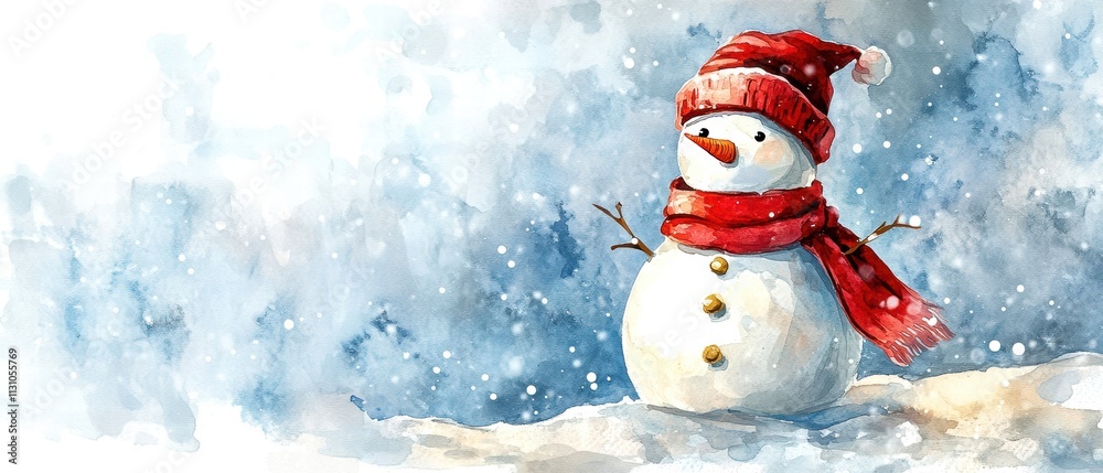 Obraz premium Cheerful snowman with a red scarf and hat in a snowy winter landscape.