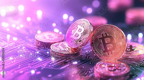 New year 2025 celebration nightlife. A collection of Bitcoin coins on a digital circuit board, illuminated with colorful lights, symbolizing cryptocurrency and blockchain technology.