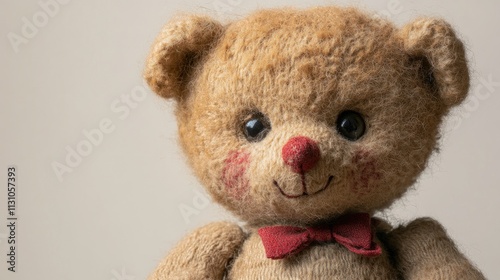 A vintage teddy bear with a red bow tie, showcasing a charming and nostalgic design.