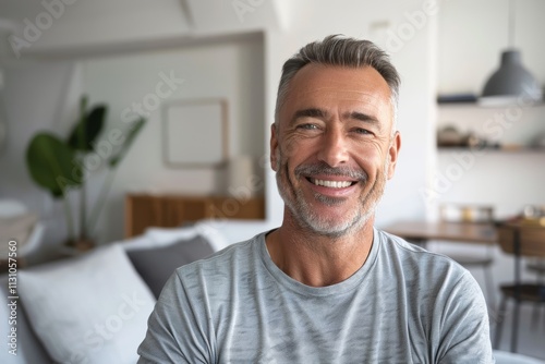 Portrait of a happy man in his 40s sporting a breathable mesh jersey while standing against crisp minimalistic living room