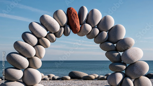 Arch of white pebbles with a red keystone supporting on a beach with clear sky