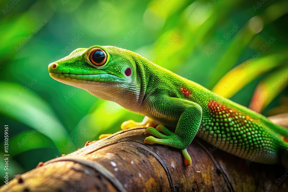 Fototapeta premium Close-Up of a Vibrant Green Gecko on a Tree Branch, Showcasing Nature's Beauty and Wildlife in Stunning Detail