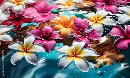 frangipani plumeria flowers floats in clear water