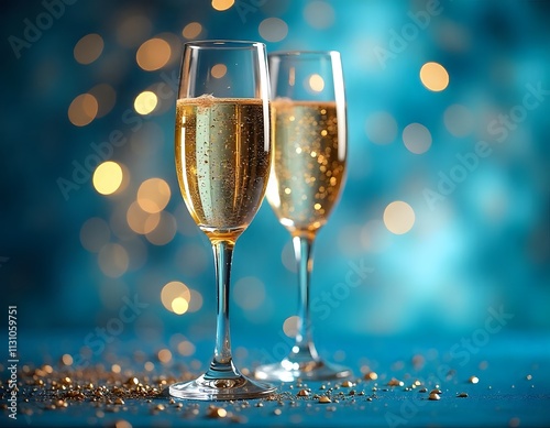 Celebrations of New Year,  Happy New Year - Champagne Toast Celebration - Glass With Golden Glittering On Blue Abstract Background With Defocused Bokeh Lights, Drink night Party photo