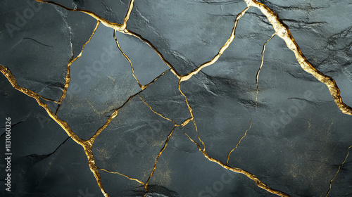 Golden kintsugi crack pattern on gray background. Vector realistic illustration of broken stone, marble, concrete surface, abstract yellow breakage lines, mosaic design effect, japanese repair style photo