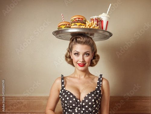 Retro pin-up girl image with a fast food restaurant tray on her head. AI generation photo