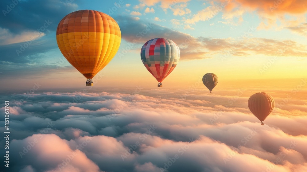 Obraz premium Breathtaking hot air balloons ascend above clouds at sunrise open air landscape aerial view serenity