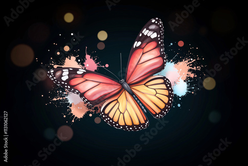 vibrant butterfly with orange and black wings, surrounded by colorful splashes, creates stunning visual effect. This artwork captures beauty of nature and artistic expression