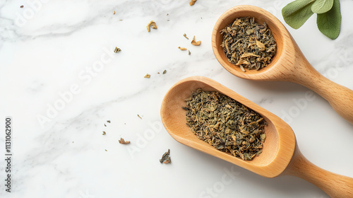 Piles of dried herbs displayed in wooden scoops on a marble surface in a cozy kitchen setting. Generative AI