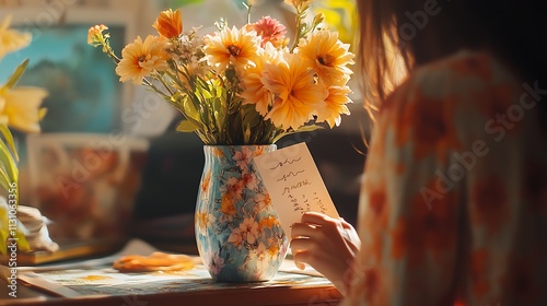 A serene image of a person carefully arranging fresh flowers in a hand-painted vase, with a personalized note tucked in among the blooms, showcasing the beauty and thoughtfulness of DIY gifts 