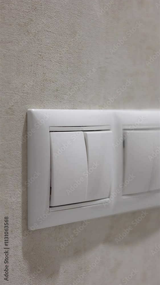 A Close-Up Image Of A Hand Turning On A Light Switch On A Light-Colored Wall. Concept Of Energy Conservation And Household Utility Control. Vertical.