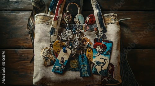 A whimsical image of a hand-painted canvas bag filled with small, thoughtful gifts like a handmade keychain and a personalized bookmark, perfect for any occasion  photo