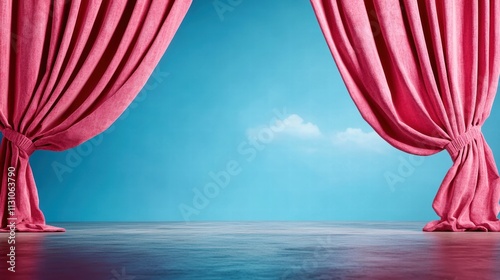 Stage curtain opening against a bright blue background with a single cloud.