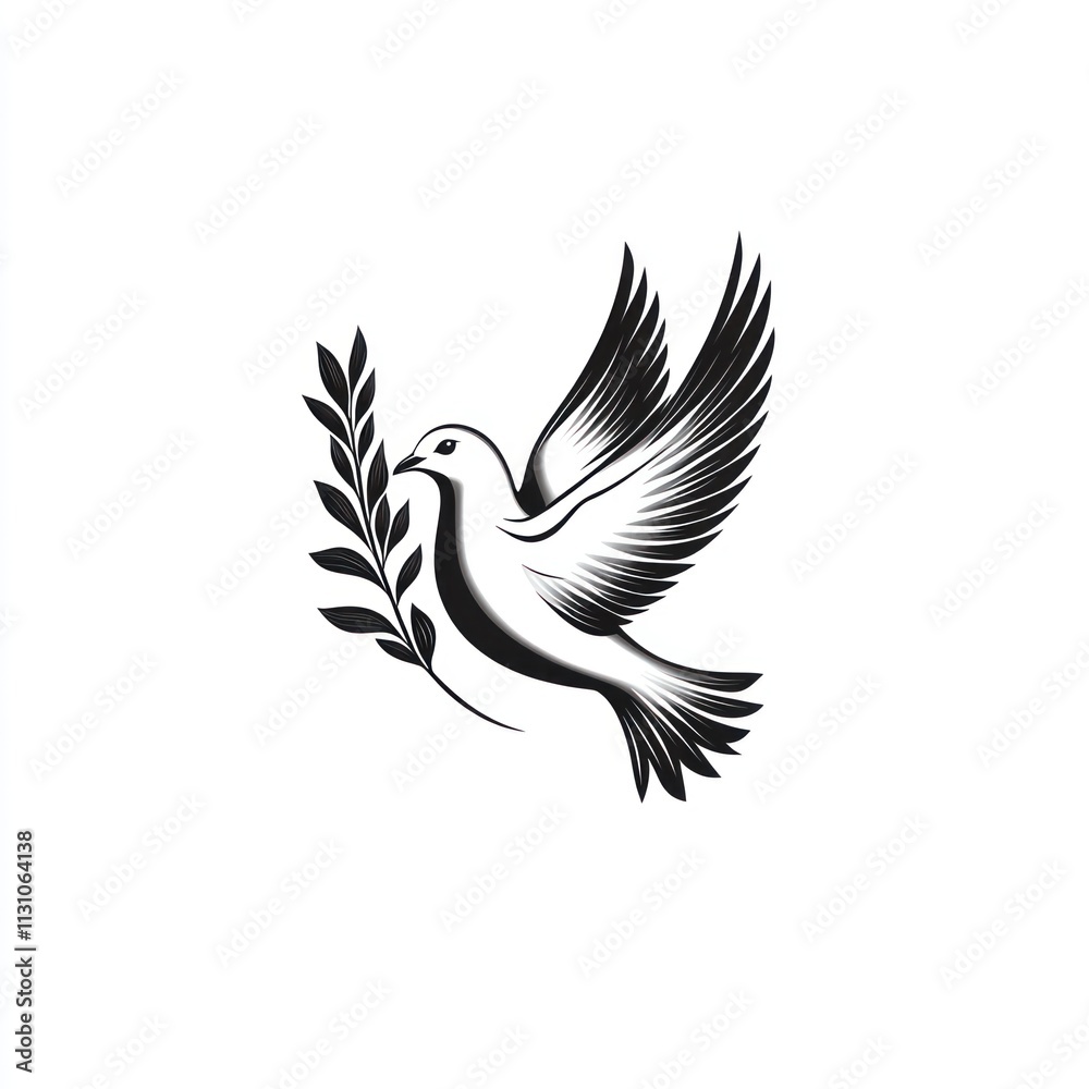 Fototapeta premium Symbolic dove in flight with olive branch, representing peace and hope.