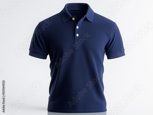 Classic navy blue polo shirt with a seamless front design, isolated on a reflective white surface photo