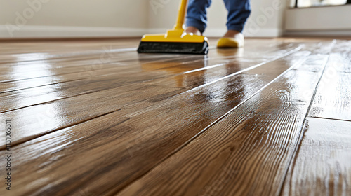 Person cleaning wooden floor with yellow mop in bright indoor space during daytime. Generative AI