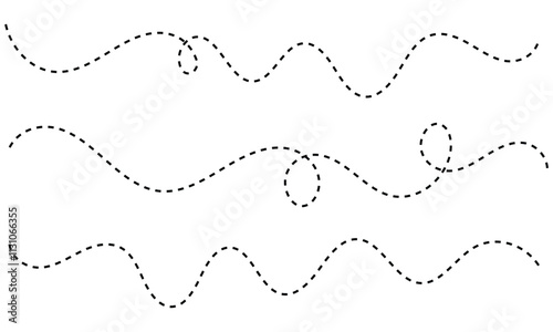 Path travel dotted line trip dashed trace destination track plan and silhouette, travelling symbol vector illustration 