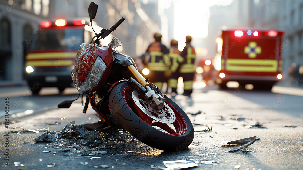 Fototapeta premium close up of damaged motorcycle on street, surrounded by shattered glass and emergency responders in background. scene conveys urgency and aftermath of accident