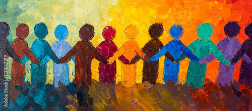 Colorful artwork depicting diverse figures holding hands in unity against a vibrant sunset background photo