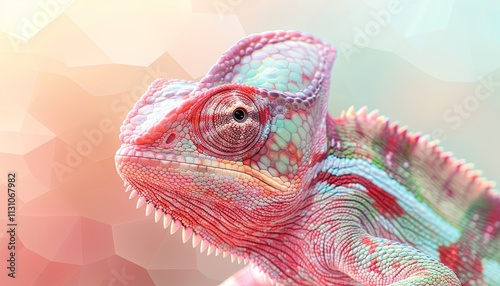Abstract vector art of a chameleon in sunglasses against a solid color panorama background