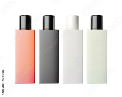 Four rectangular cosmetic bottles with sleek black and white caps. Isolated cutout on transparent or white background.