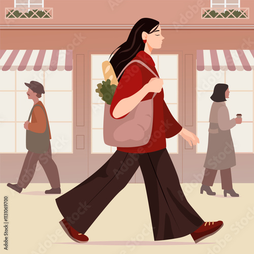 Stylish Young Woman Walking on a City Street with Reusable Shopping Bag, Baguette, and Fresh Produce in Minimal Flat Vector Illustration