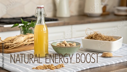 A serene kitchen countertop showcases a vintage glass bottle filled with a rich golden ginseng root infusion. Next to it a rustic s holds crushed ginseng roots hinting at photo