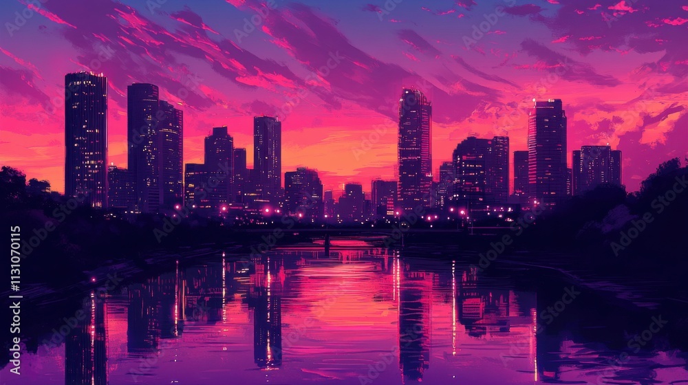 Obraz premium twilight view of urban skyline, silhouettes of high-rise towers against vibrant pink sky, glowing reflections on river, peaceful evening vibe