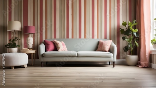 A vacant living room featuring striped vinyl wallpaper and an old oak floor