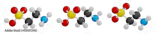 Molecule of Taurine. Set of views. Molecular formula: C2H7NO3S. Chemical model: Ball and Stick. Isolated. Transparent background. PNG transparent. 3D illustration.