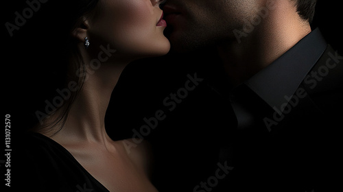 Romantic kiss between a couple in a dark setting reflecting intimacy and connection. Generative AI