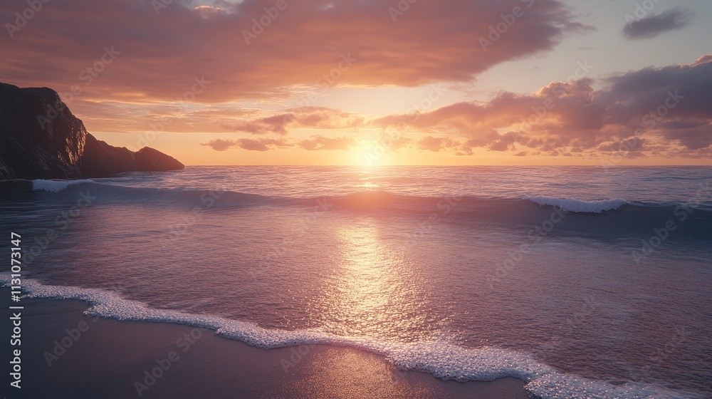 Obraz premium Sunset Over Ocean Waves with Rocky Shoreline and Soft Reflections, Perfect for Coastal Wall Art, Relaxation Themes, Nature Wallpapers, Travel Promotions, and Romantic Beach Scenery