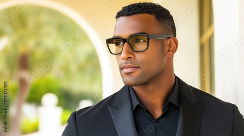 Black man model wearing modern rectangular luxury eyeglasses, upscale indoor environment, warm golden lighting, poised stance radiating charisma