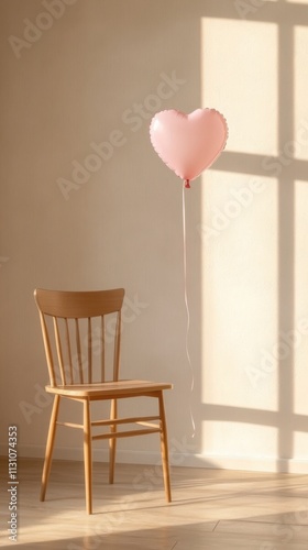 Single heart balloon floating above chair, soft sunlight and peaceful decor. Valentine's Day photo