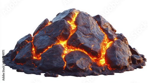 Rocks and stones with glowing lava in cracks, mountain texture, nature elements, geological materials or pc game formation. Volcano eruption isolated on white background. Cartoon vector illustration photo