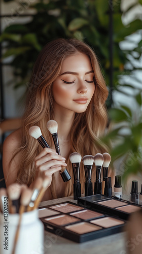 Beauty blogger demonstrating makeup techniques with brushes