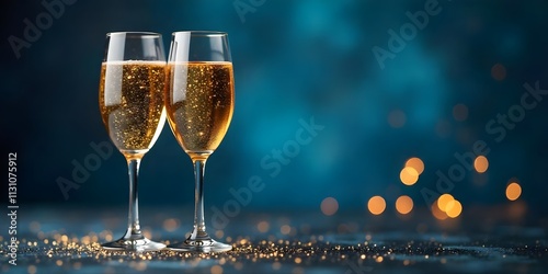 Celebrations of New Year,  Happy New Year - Champagne Toast Celebration - Glass With Golden Glittering On Blue Abstract Background With Defocused Bokeh Lights, Drink night Party photo