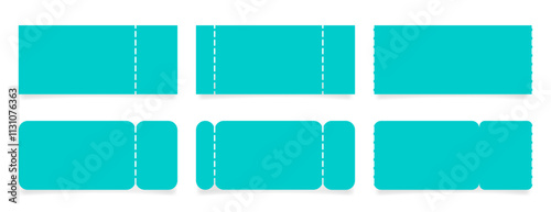 Set of teal green or light blue ticket mockups with ruffle edges and shadows. Empty template. Concert, movie or theater ticket. Boarding blank, lottery, sale coupon	