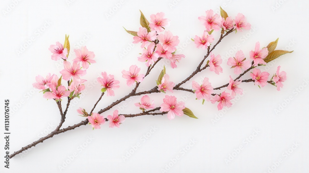 Obraz premium Watercolor texture and vibrancy, A delicate branch of pink cherry blossoms with green leaves, set against a clean white background, symbolizing spring and renewal.
