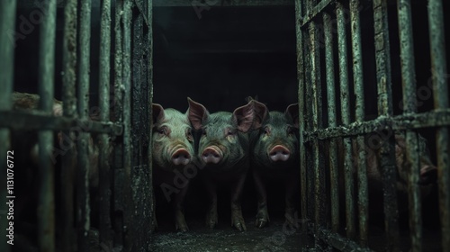 Pig farm interior, confined animals, metal barriers, dirty floors, dark barn, unnatural light, crowded conditions, harsh environment, large-scale production, rural scene
