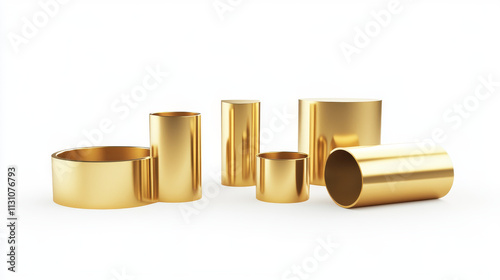 Isolated abstract geometric gold 3d shape vector object. Realistic golden cylinder and half torus element on white background. Creative trendy geometry figure icon. Minimal basic pipe set photo