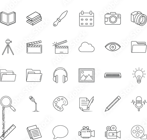 Media Production Icons Books, Camera, Film, Design, Editing Tools
