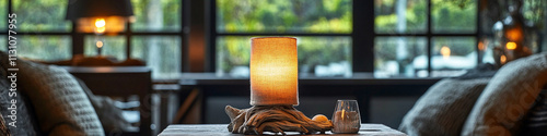 A unique table lamp featuring a base made from driftwood and a hand-dyed fabric shade, bringing a touch of coastal charm to a stylish reading nook