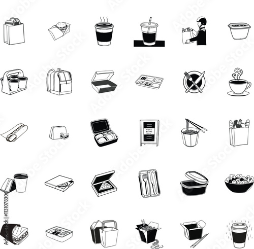 Food Delivery Service Icons Takeout, Packaging, Containers, Drinks