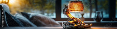 A unique table lamp featuring a base made from driftwood and a hand-dyed fabric shade, bringing a touch of coastal charm to a stylish reading nook