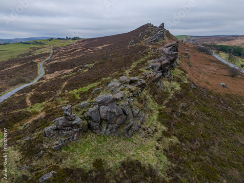 Winter aerial view of Ramshaw Rocks in the Staffordshire Peak District National Park. photo